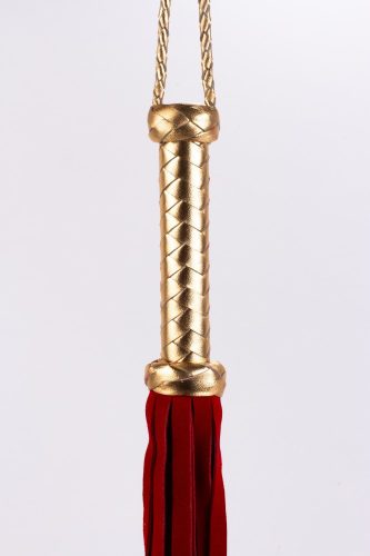 Piros velűrbőr korbács arany nyéllel - 45 cm