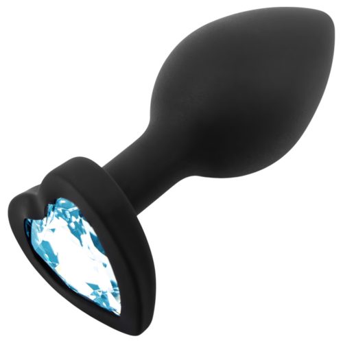 Sunfo - szilikon anál plug szív alakú kék kővel (fekete)